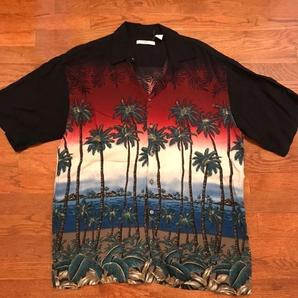 VINTAGE 90S RAYON CAMP SHIRT PALM TREE CALI LARGE